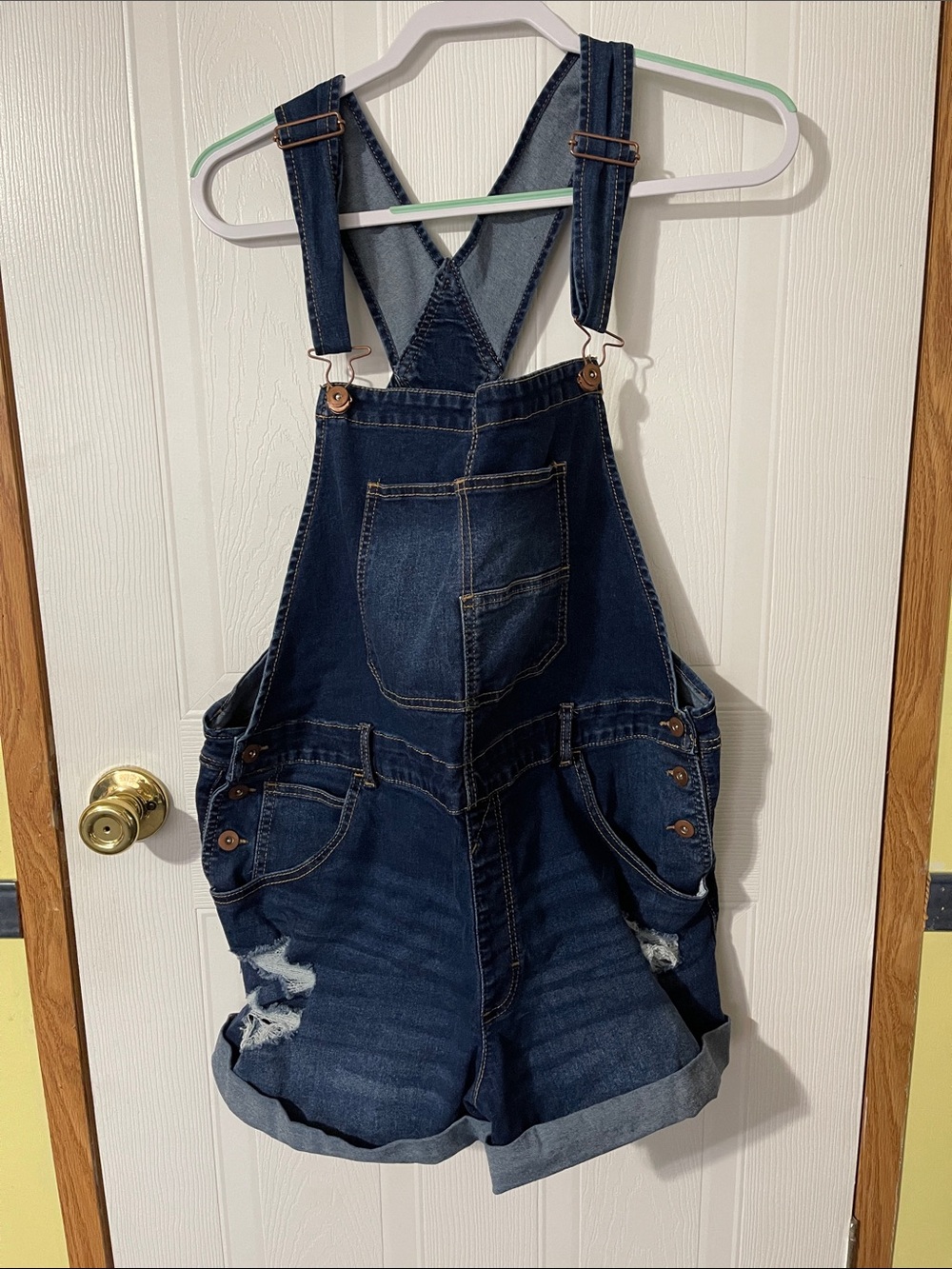No Boundaries Denim Overalls with Gold Contrast Stitching